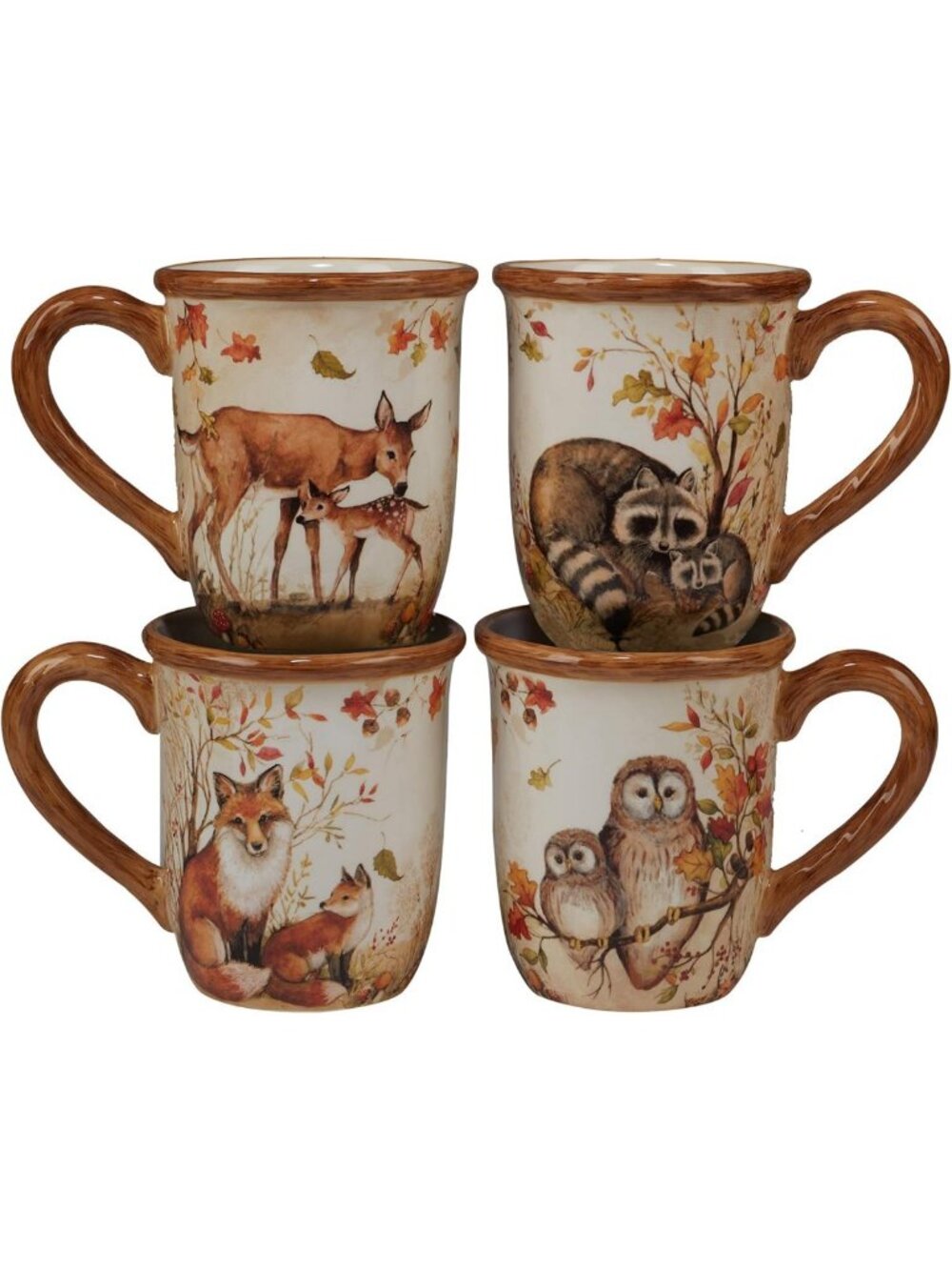 Set of 4 Woodland Ceramic Mugs - Autumn Wildlife Coffee Cups for Cozy Fall Vibes